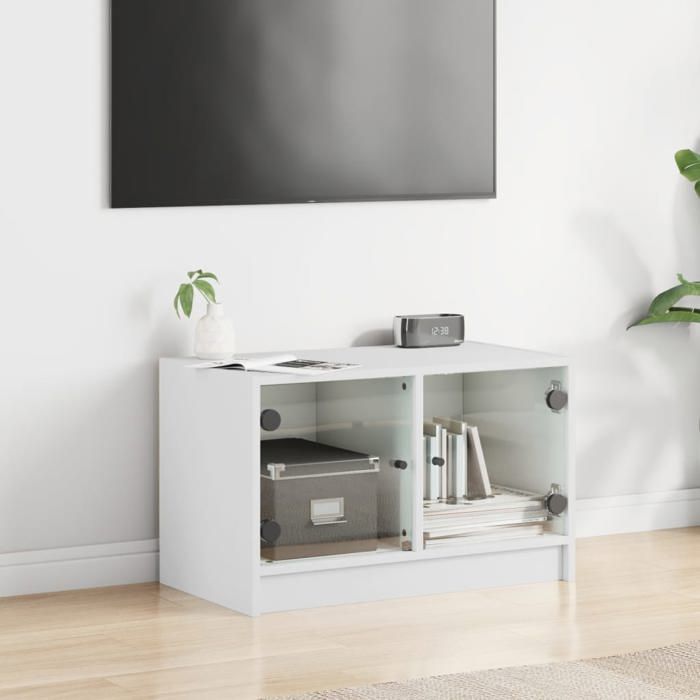 [38763]Meuble TV - TABLE TV  Meuble HIFI de salon - avec portes en verre blanc 68x37x42 cmPoids:16.48 Kg