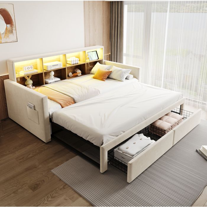 Lit banquette convertible extensible avec tête de lit rangement LED et prises velours beige