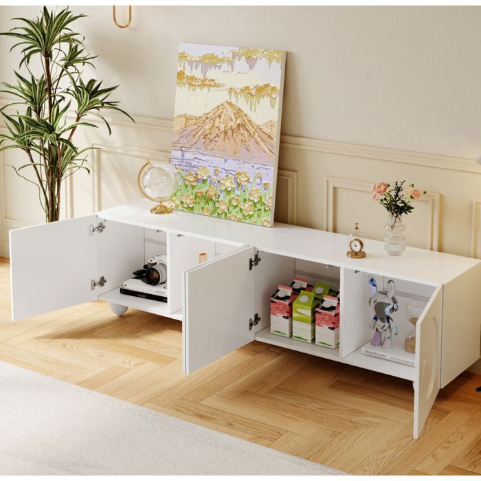 Meuble TV blanc mat L 1805 x P 38 x H 50 cm portes relief 3D rangement fermé montage nécessaire