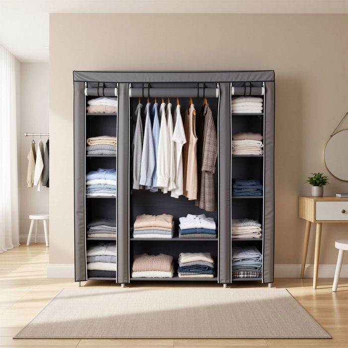 Penderie tissu avec housse armoire de rangement modulable 12 compartiments cadre métal chambre gris Penderie tissu avec housse armoire de rangement modulable 12 compartiments cadre métal chambre gris