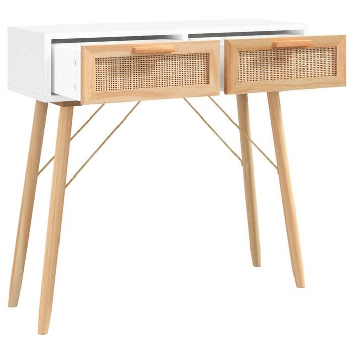 Grand Table dAppoint Blanc - Table console - Console DENTREE Blanc - 80x30x75cm - Bois massif pin /rotin naturel 711