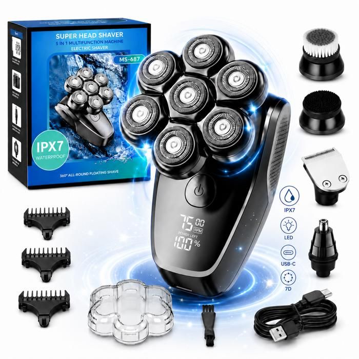 Rasoir Électrique Homme 5 en 1 7 Têtes Flottantes Rasoir Crane Écran LED Type-C IPX7 Rasage Sec Humide Tondeuse nez Barbe