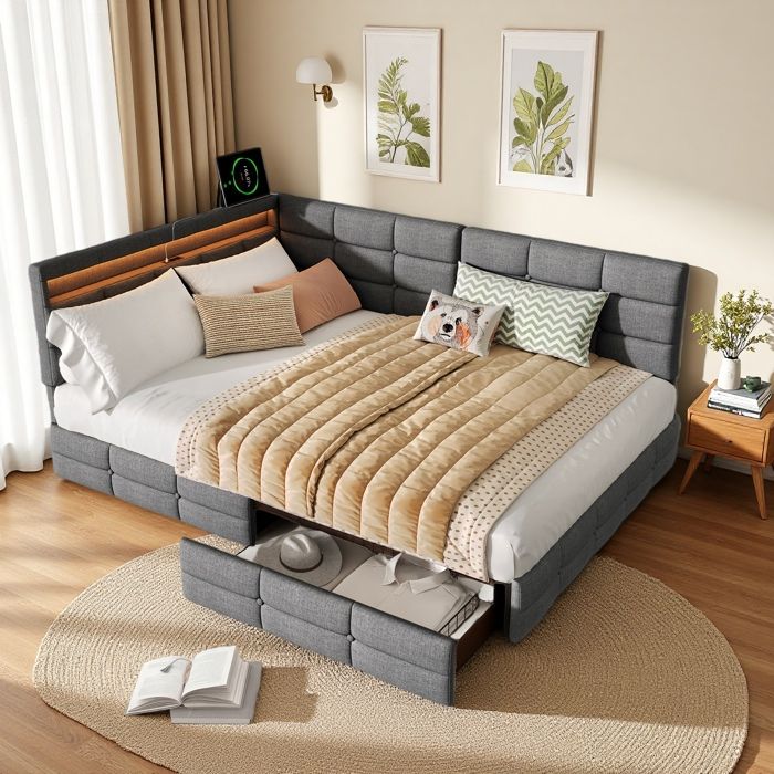 Lit Gigogne 140x190 avec 2 Tiroir - Tête de Lit LED 16 Couleurs - 2Prise et Ports USB/Type-C - Adulte/Enfant - 2 Places - Lin Gris