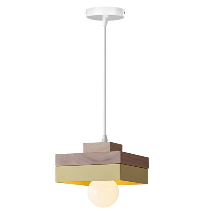iDEGU Moderne Suspension Luminaire Industriel E27 Lustre Rglable Vintage Abat-jour en Bois Design Carre Jaune 18cm Plafonnier Retro