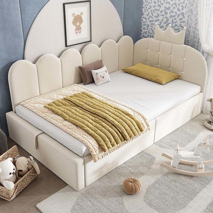 Lit denfant 90 x 190 cm - Beige - Coffre de rangement hydraulique - Velours beige - Tête de lit en forme de couronne