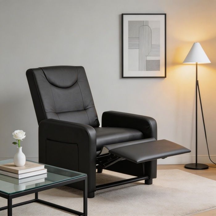 Fauteuil inclinable - Fauteuil TV relax - PU noir - Dossier multi-angles - Repose-pieds rabattable