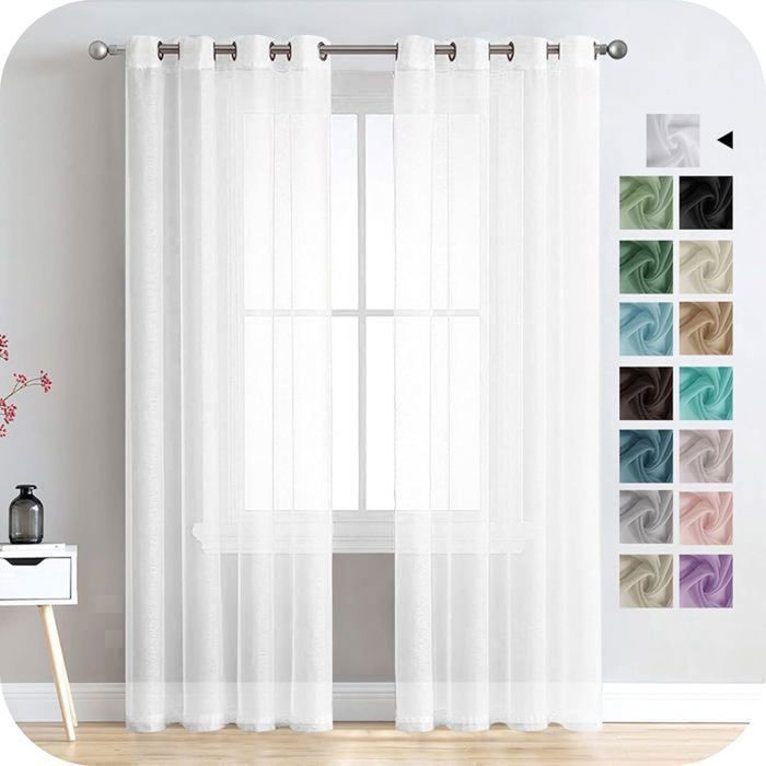 Lot de 2 Rideaux Voilages Blanc 132 x 240cm Oeillet Semi-Transparent Voilage Fenetre Design Moderne .