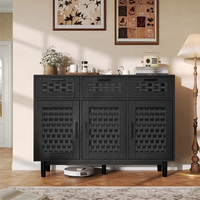 Buffet de Rangement - Buffet de cuisine - Meuble avec Portes Façon Rotin - Sideboard avec 3 Tiroirs - Noir