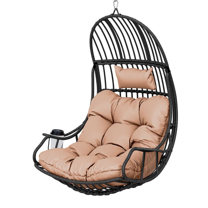 YITAHOME Chaise Suspendue Oeuf en Rotin avec Coussin et Porte-Gobelet Fauteuil Hamac pour Jardin Terrasse Balcon Gris 150kg