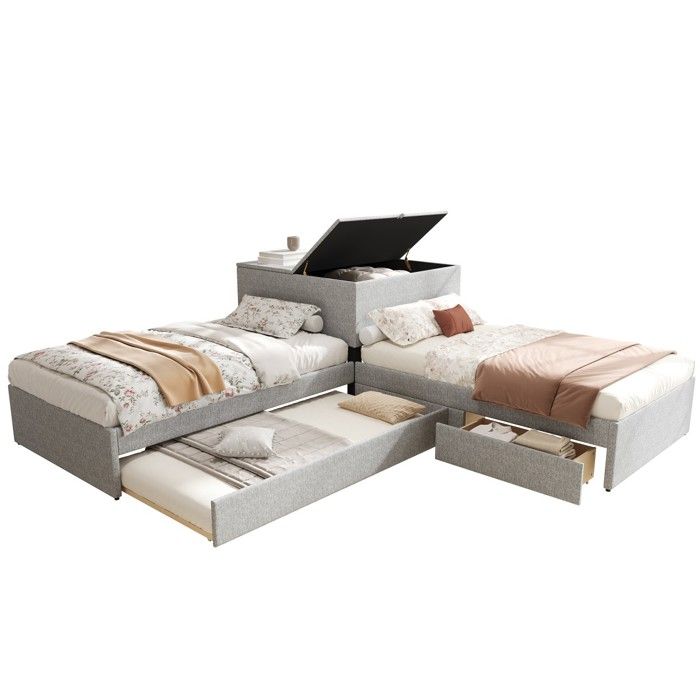 Lit dangle simple 90x200cm gris lin 2 lits gigognes tapissés rangement placard + tiroir fonctionnel sans matelas Lit dangle simple 90x200cm gris lin 2 lits gigognes tapissés rangement placard + tiroir fonctionnel sans matelas