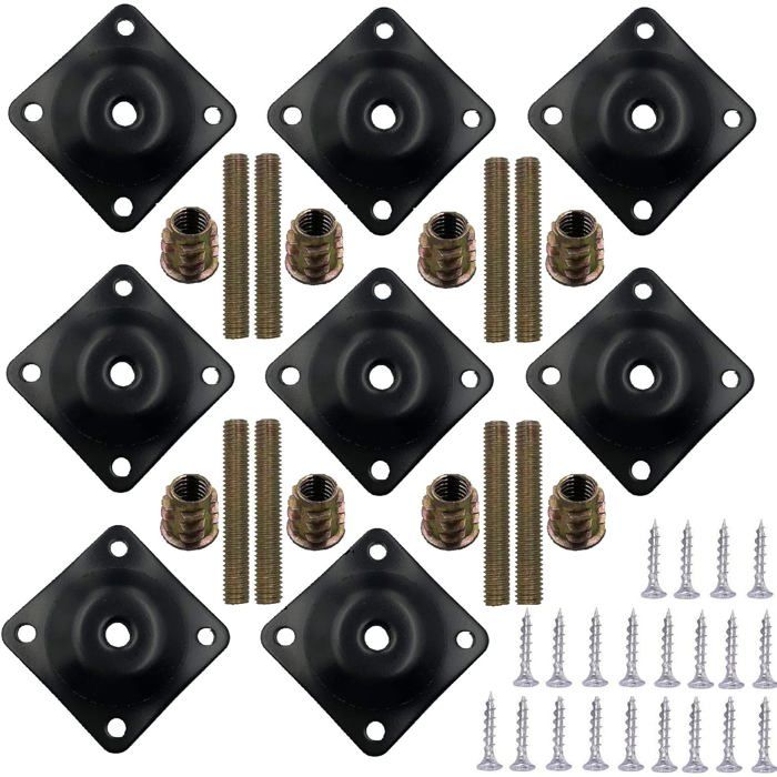 Lot de 8 plaques de fixation pour pieds de meubles noir avec boulons et vis adapté à canapés fauteuils et ottomans installation