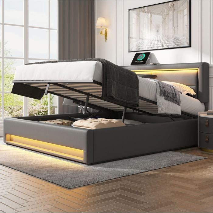 Lit coffre relevable avec USB intégré LED intégrée rangement et sommier à lattes - ELVMI - Gris en PU 160 x 200 cm