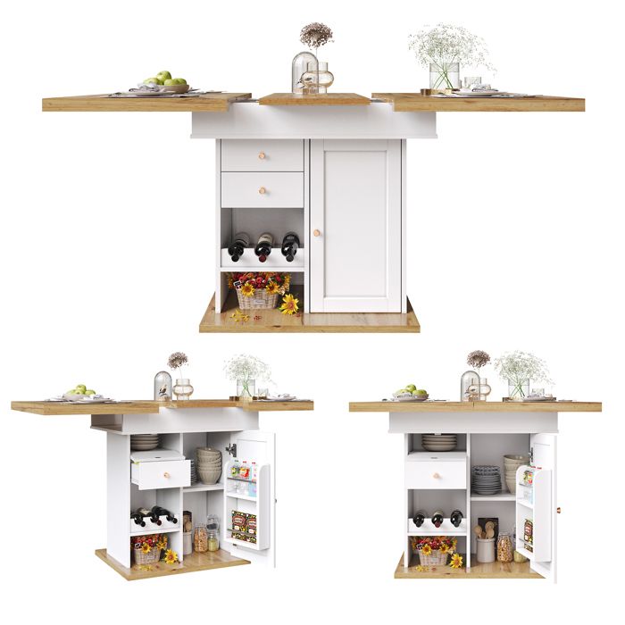 Table à manger extensible 110-140x80 cm avec range-bouteilles et étagère table de cuisine pliante blanche