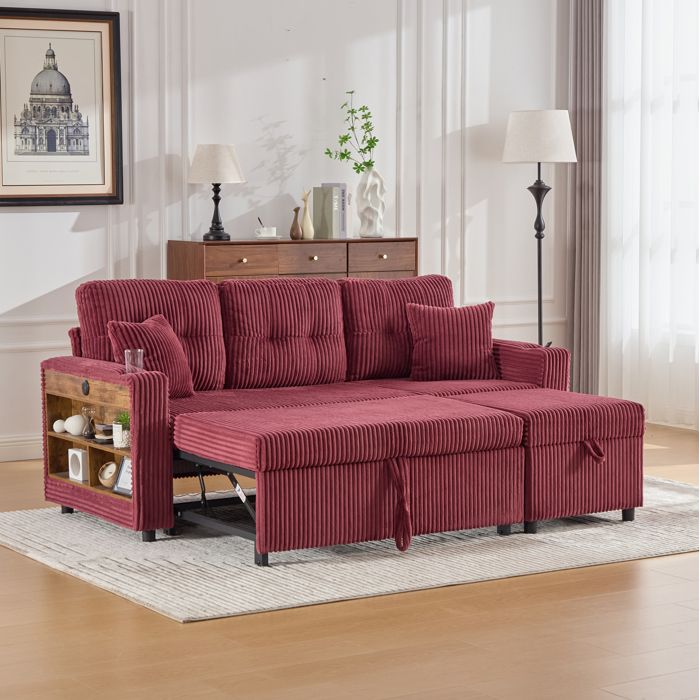MEUVYX Canapé dangle Convertible 3 Places Lit Gigogne Rangement USB-C LED Porte-gobelets Velours Côtelé Rouge Bordeaux