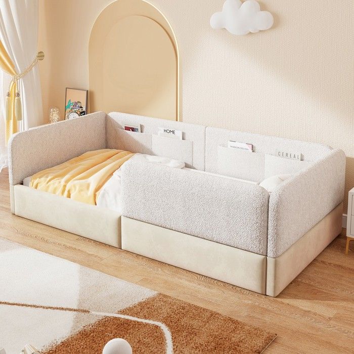 Lit plateforme rembourré 90x200cm barrière protection pochette rangement blanc