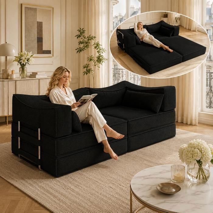 Canapé-lit Compressible Convertible - AKABER - 2/4 Place - Velours Côtelé-Garniture éponge- 164x74x40cm - Pour Salon Chambre - Noir