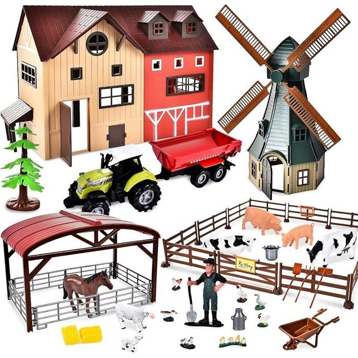 Ferme Animaux Jouet Set Animaux Chevaux Jouet Ferme 4 Ans Mini Jouet Figurine Écurie Cheval Ensemble avec Moulin à Vent Maison