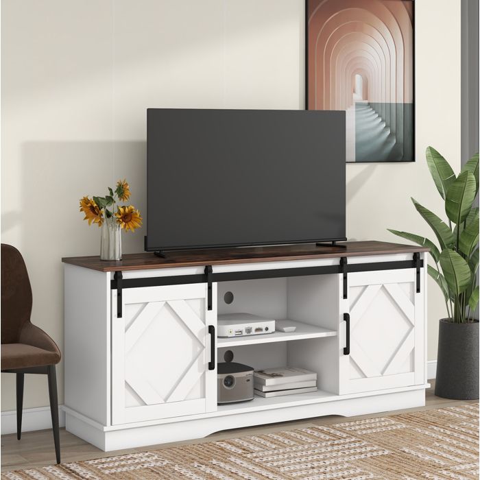 Meuble TV 2 portes coulissantes étagères réglables Blanc MDF 150 x 40 x 60 cm