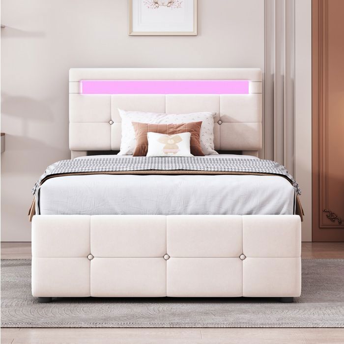 Lit coffre 90x200 cm lit enfant en velours avec tête de lit réglable LED beige