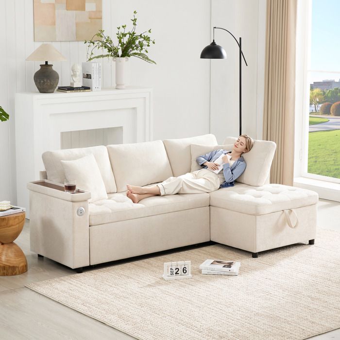 Canapé d’angle convertible en L beige 209 x 130 x 84 cm en chenille avec rangement USB et 2 coussins