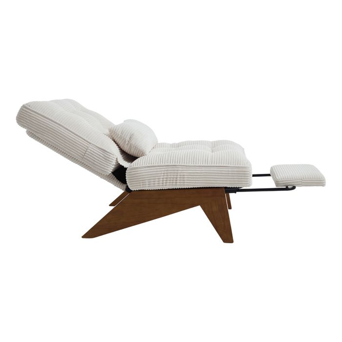 Fauteuil lounge relax 1 place beige en velours côtelé dossier réglable repose-pieds et coussin lombaire