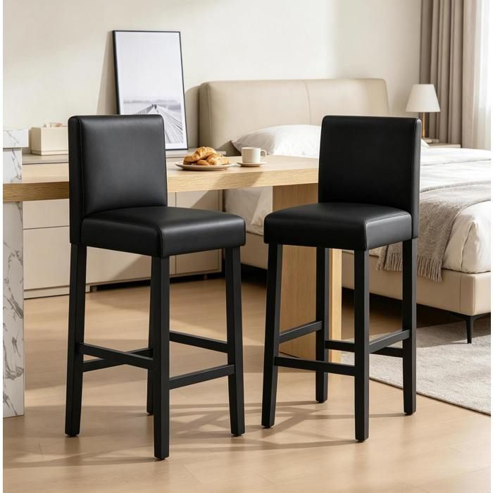 Tabourets de bar avec dossier lot de 2 EVRYAE 48 x 41 5 x 110 5 cm simili cuir noir et bois massif Tabourets de bar avec dossier lot de 2 EVRYAE 48 x 41 5 x 110 5 cm simili cuir noir et bois massif