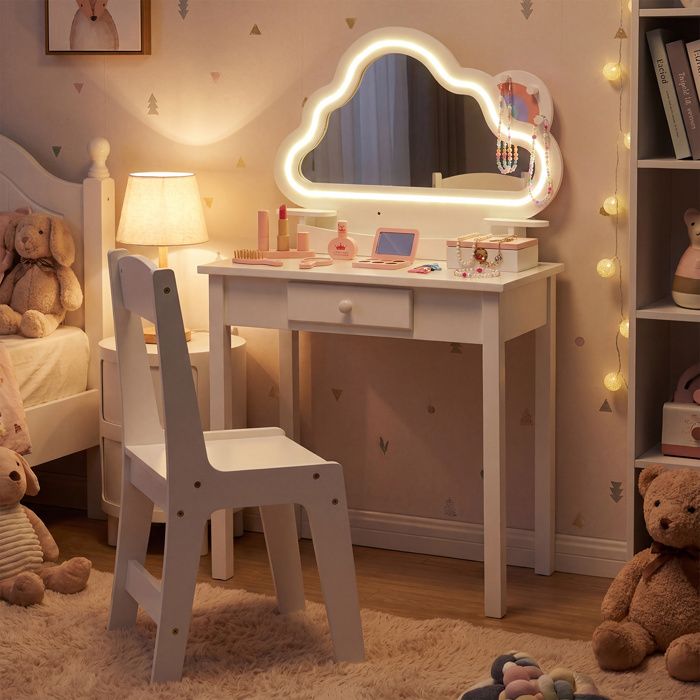 2en1 Coiffeuse Enfant Fille-COSTWAY-avec Miroir LED Réglable avec Chaise Tiroir et Rangements Forme Nuaget 59 x 35 x 103.5CM Blanc 2en1 Coiffeuse Enfant Fille-COSTWAY-avec Miroir LED Réglable avec Chaise Tiroir et Rangements Forme Nuaget 59 x 35 x 103.5CM Blanc