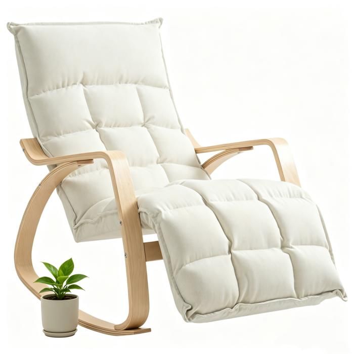 Fauteuil à Bascule avec Repose-Pieds Ajustable Rocking Chair en Tissu Lin avec Pieds en Bois de Bouleau pour Chambre Salon crème