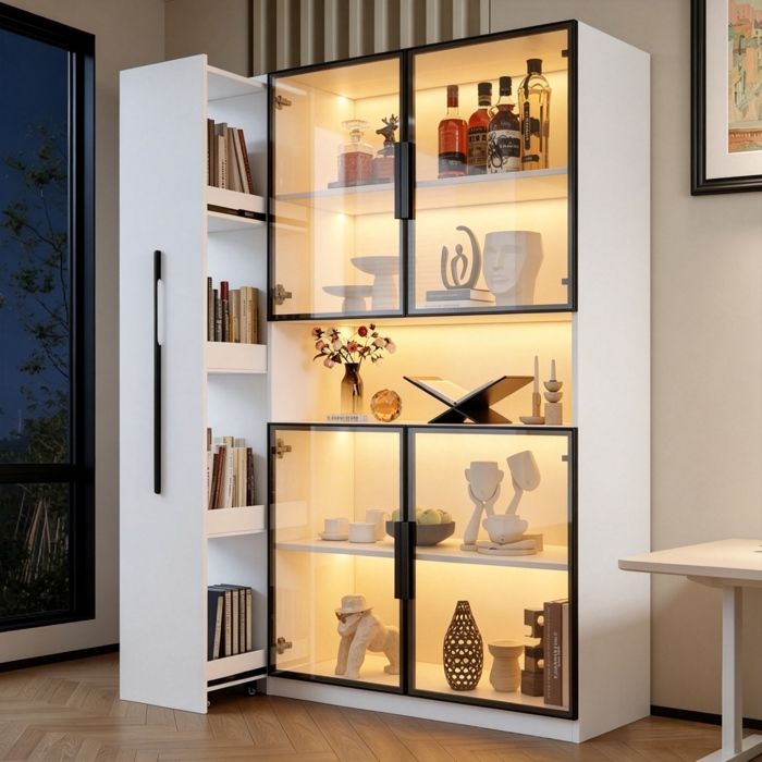 Vitrine Haute LED - Blanc - avec Portes Vitrées et Étagères Coulissantes - 110 x 35 x 160 cm - Armoire Moderne pour Salon Cuisine Vitrine Haute LED - Blanc - avec Portes Vitrées et Étagères Coulissantes - 110 x 35 x 160 cm - Armoire Moderne pour Salon Cuisine