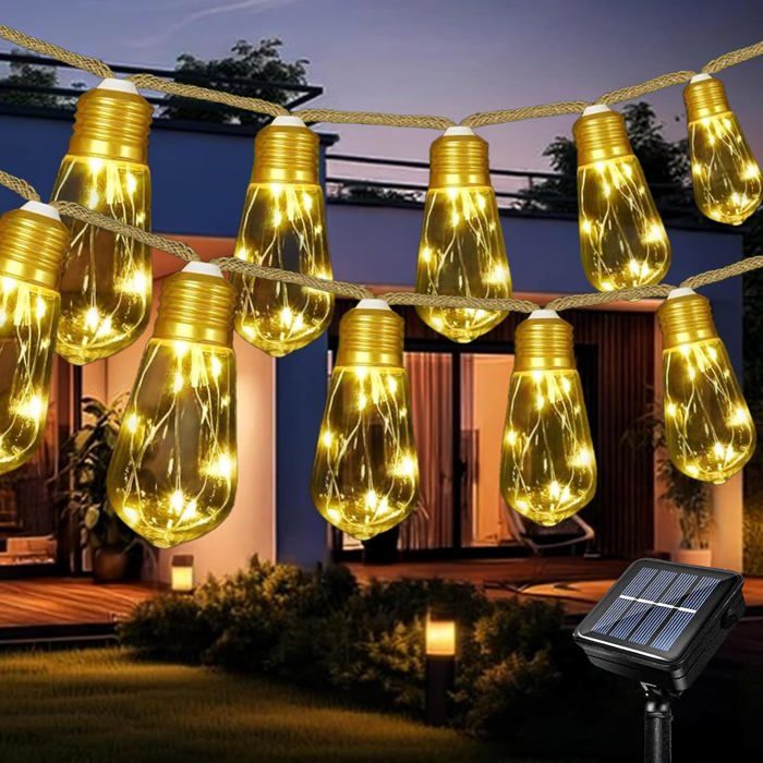 Solaire Guirlandes Lumineuses Extérieur 6.5M 80Leds Corde De Chanvre Guirlande Guinguette Solaire Avec 10 Ampoules Incassabl[Ji158]