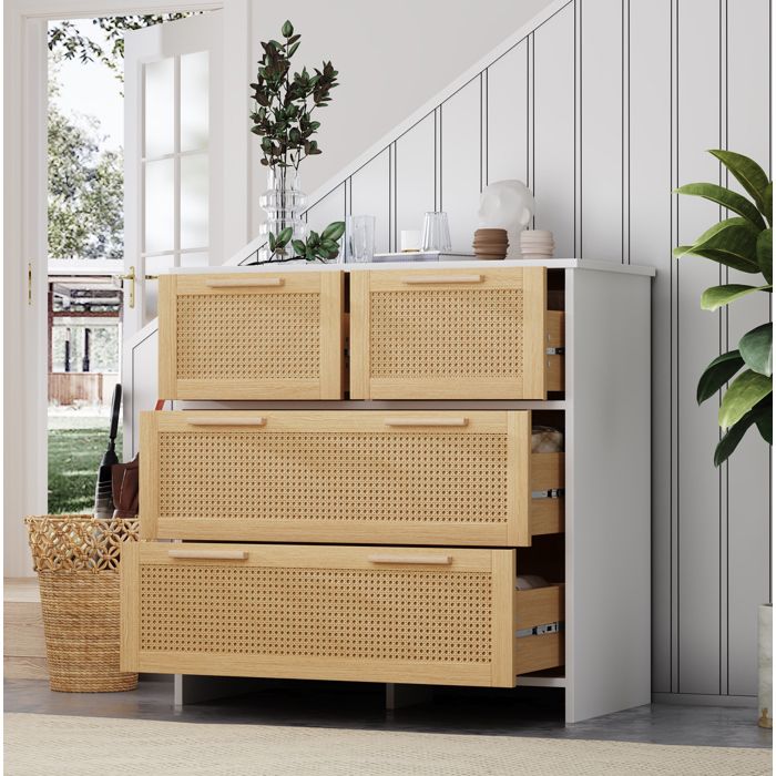 Commode 4 tiroirs meuble rangement chambre façade effet rotin 80 x 38 x 80 cm blanc naturel MDF ORVRYN