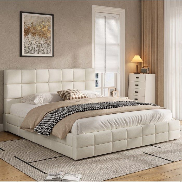 Lit plateforme rembourre 180 x 200 cm beige avec tete de lit velours sommier a 10 lattes