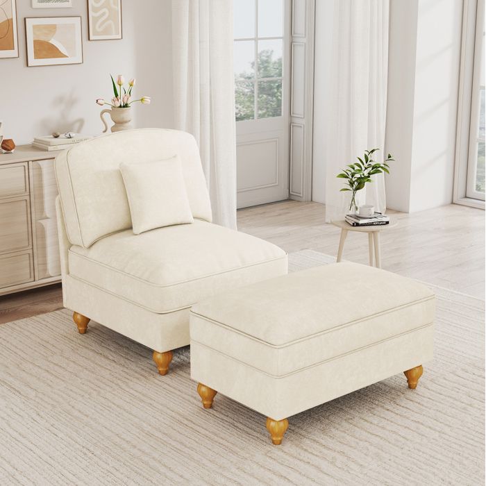 Fauteuil Lounge 1 Place avec Pouf Jupe a Volants Amovible et Coussin Mobile Chenille Blanc - UVRION