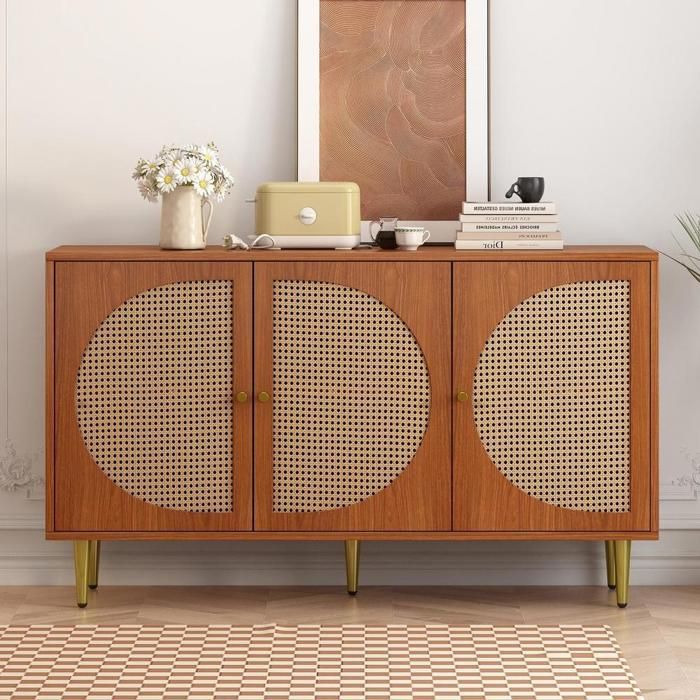 Commode - KOMHTOM - 129.8x40x76 cm - Rotin - 3 portes tressées - Couleur noyer