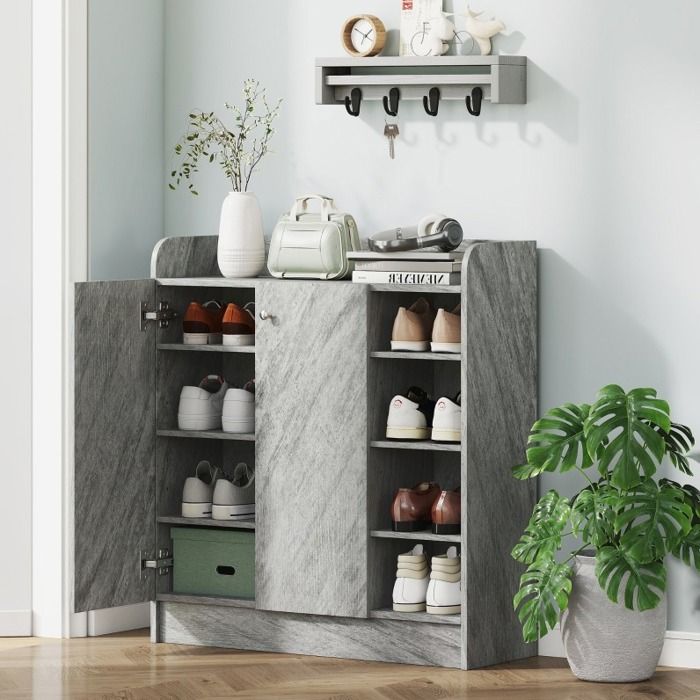 ULEVR meuble a chaussures gris 83 x 30 x 90 cm 2 portes 4 compartiments ouverts jusqua 12 paires