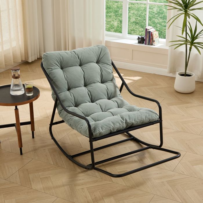 Fauteuil à bascule jardin - WESTYLE - Outdoor Rocking Chair - Cadre métal noir - Coussin épais vert clair - Balancement réglable