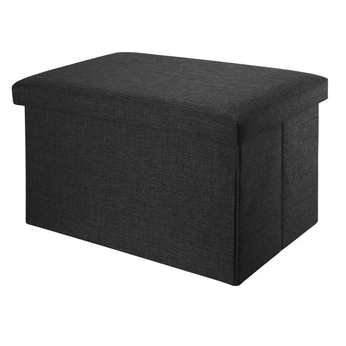 Banc coffre de rangement pliable 78x38x38 cm noir diamant - pouf tissu aspect lin avec couvercle repose-pieds tabouret