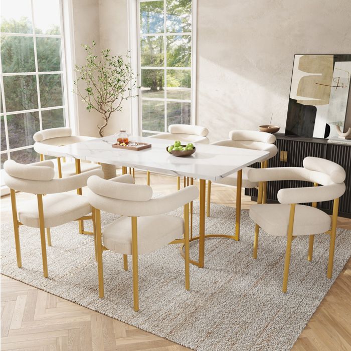 MEULVA Ensemble table et 6 chaises 7 pièces 140 x 80 cm pieds en métal doré chaises beige style moderne