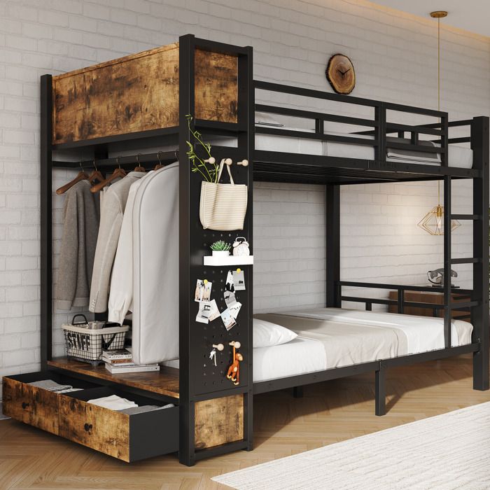 Lit superposé 2 places 120×200 cm avec rangement intégré penderie tiroir et étagères ouvertes - LPOSPI - sans matelas métal noir
