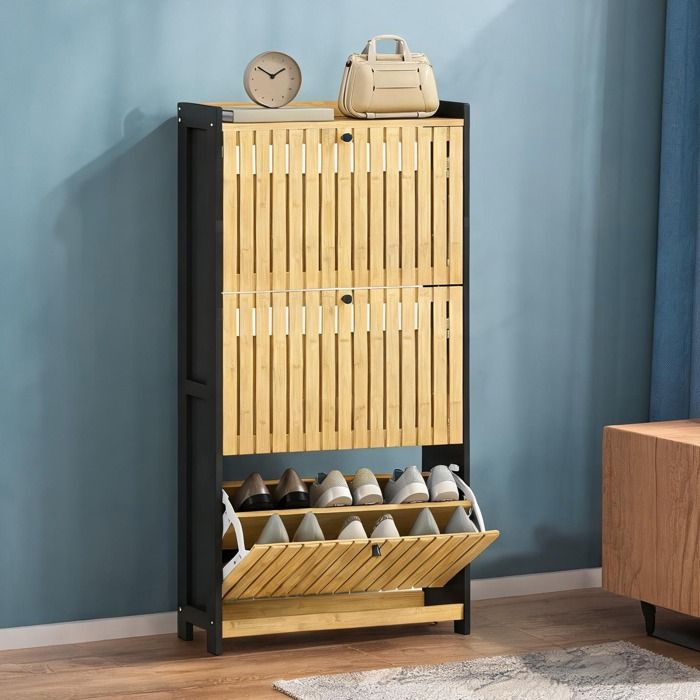 Meuble à chaussures 3 tiroirs rabattables 18 paires en bambou et noir 60x24x118 cm - Noir et bois naturel Bambou 60 x 24 x 118 cm