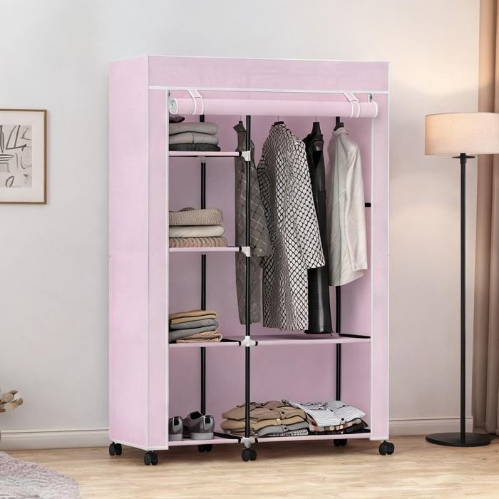Armoire de rangement mobile en tissu rose avec barre de suspension 6 roulettes 103x43x162 5 cm