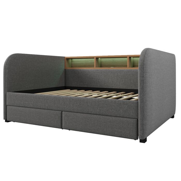 Lit banquette rembourré 140x190 cm en lin coloris gris sans matelas avec tiroirs tête de lit ports USB à monter soi-même