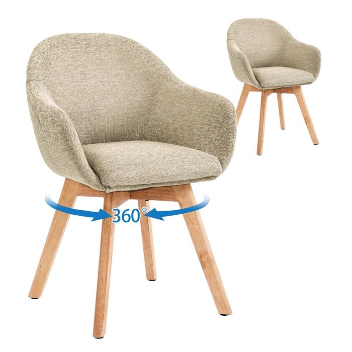 GOEURVANT Chaise Salle à Manger Pivotante 360° Fauteuil de Table Tissu Texturé Gris Beige avec Accoudoirs Pieds Bois Lot de 2