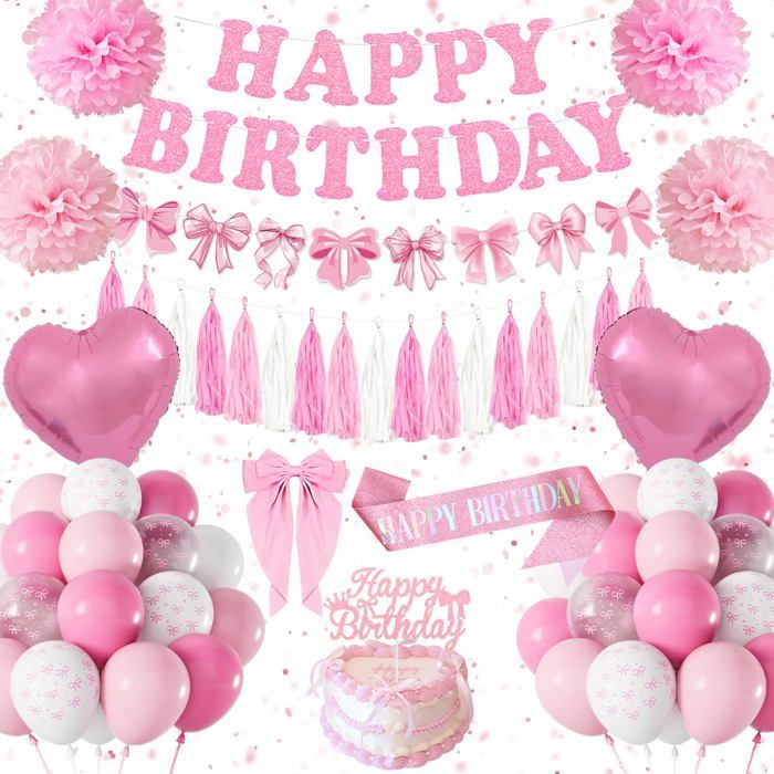 Decation Anniversaire Femme Décations Anniversaires de Fête Nœud Rose Ballon Anniversaire Rose Blanc Nœud Theme DECORS DE TABLE