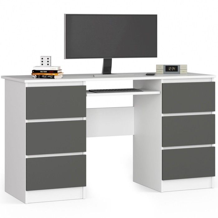 Bureau dordinateur AKORD A11 Blanc 135 cm 6 tiroirs façade Gris Graphite 135x50x77 cm Bureau dordinateur AKORD A11 Blanc 135 cm 6 tiroirs façade Gris Graphite 135x50x77 cm
