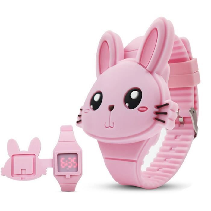 Lot De 2 Montres LED Lapin Pour Enfants - Bracelet Silicone Rose Et Bleu - Montre Digitale à Clapet