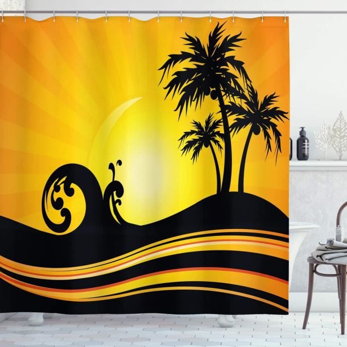 Rideau De Douche Déco Islande Palms - 175x180 Cm En Polyester Vert Bleu Blanc