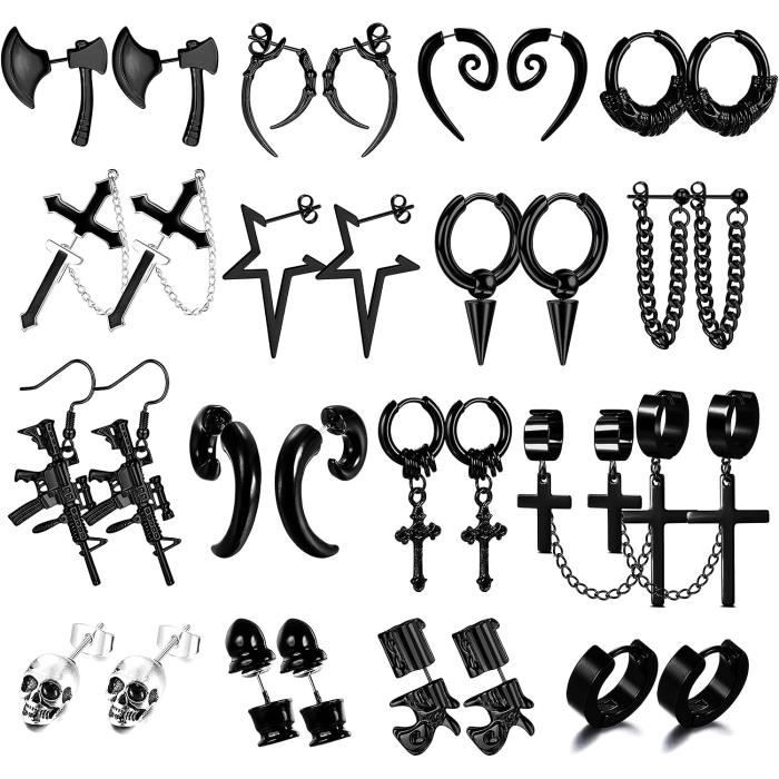 Lot De 15 Paires De Boucles D'oreilles Punk Acier Inoxydable 316L - Noir Gothique