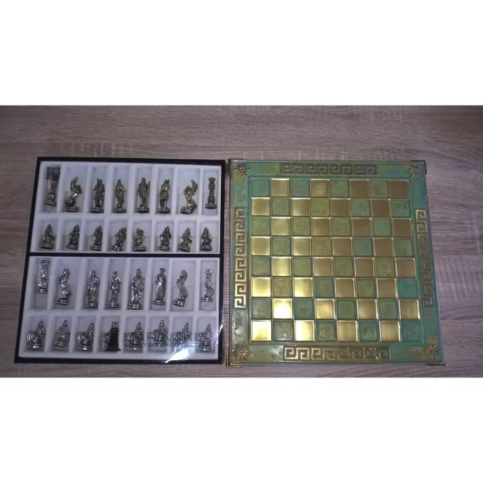 Jeu D'échecs Léonidas Sparte 28 Cm – Métal Turquoise, Argenté Et Doré – Marinakis
