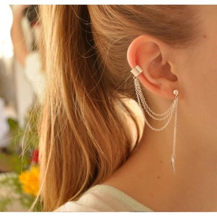 Boucles D'Oreilles - Chaîne Plume - Longue Chaîne - Argenté - Achat / Vente boucle  d'oreille Boucles D'Oreilles - Chaîne Femme Adulte Gris 